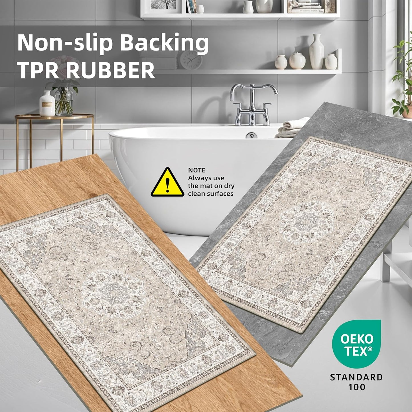 Skiennix Kitchen Rug Set - Washable Water-Resistant Soft Mats with Non-Slip Backing | Beige, 4 Pieces (2x3, 2x4, 2x5, 2x6)