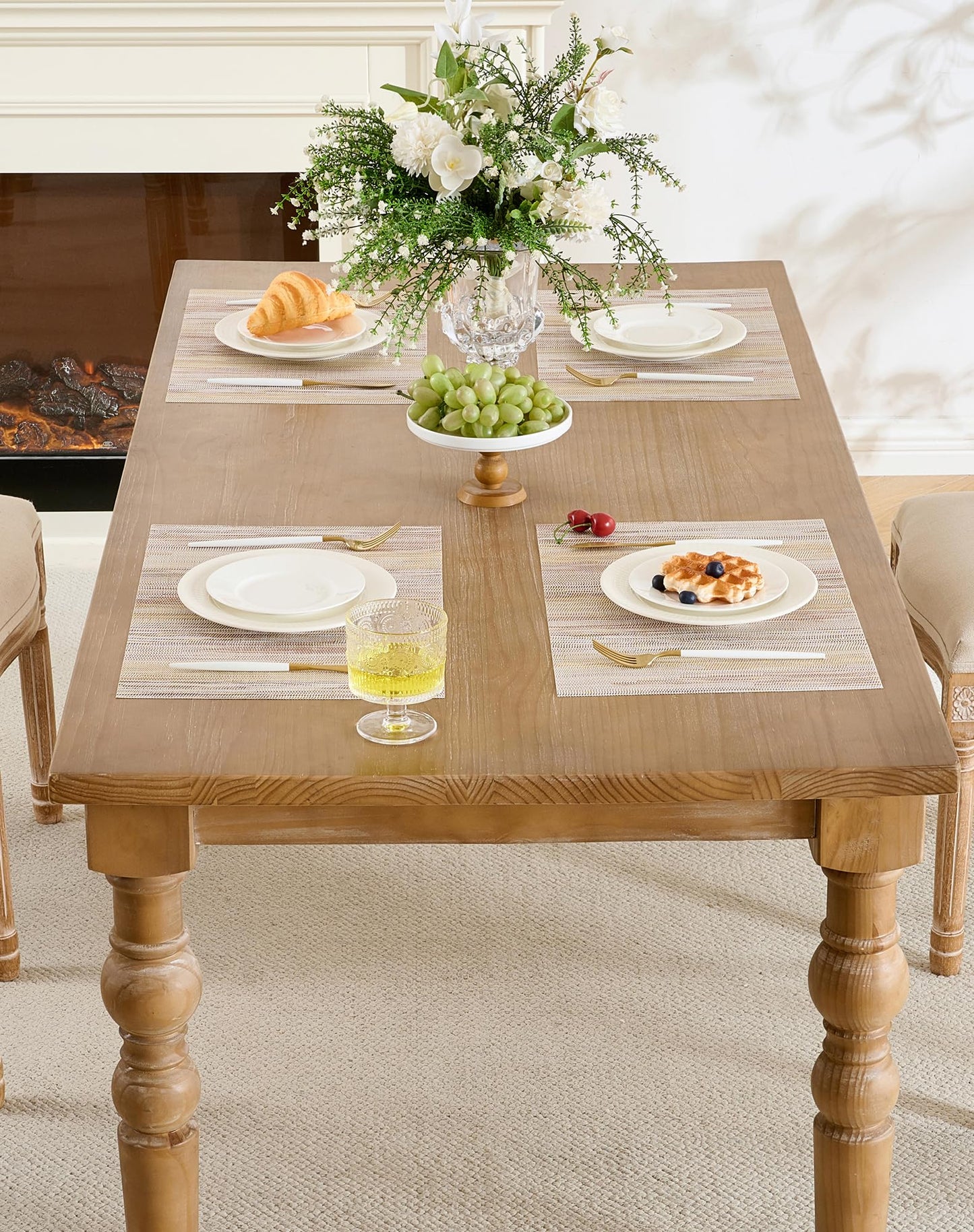 Leetaltree Lightsteel Beige with Yellow Placemats Set of 12 - Heat Resistant Non-Slip Place mats for Dining Table, Washable Durable PVC Vinyl Woven Table Mats (Lightsteel Beige with Yellow, 12)