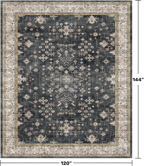 Boho Black Rug - Washable 10x12 Area Rug for Living Room | Soft Low Pile Carpet for Dining Room & Bedroom - Non-Slip & Stain Resistant