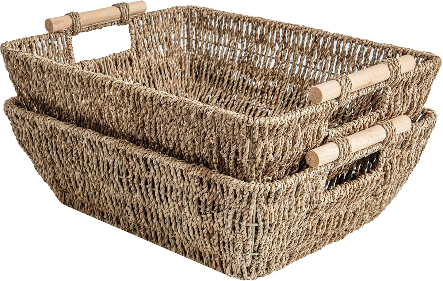 StorageWorks Jumbo Hand-Woven Seagrass Storage Baskets - 2-Pack with Wooden Handles for Organizing