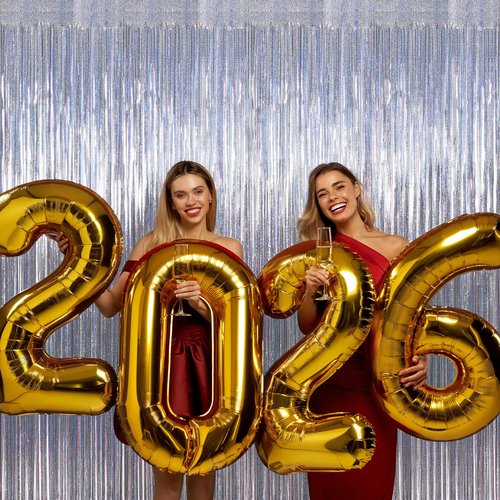 4 Pack NYE Silver Tinsel Foil Curtain, 3.28 FT x 7.05 FT Glitter Silver Tinsel Curtains, Metallic Foil Streamer Disco Fringe Backdrop Party Curtains, Birthday NEW Year Party Supplies Disco Decor