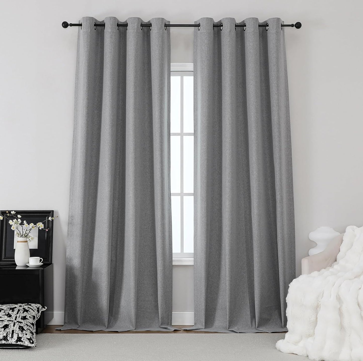 THOOO Blackout Curtains - 100% Natural Linen, Thermal Insulated, 84 Inches Long | Dark Grey, 2 Panels for Bedroom & Living Room