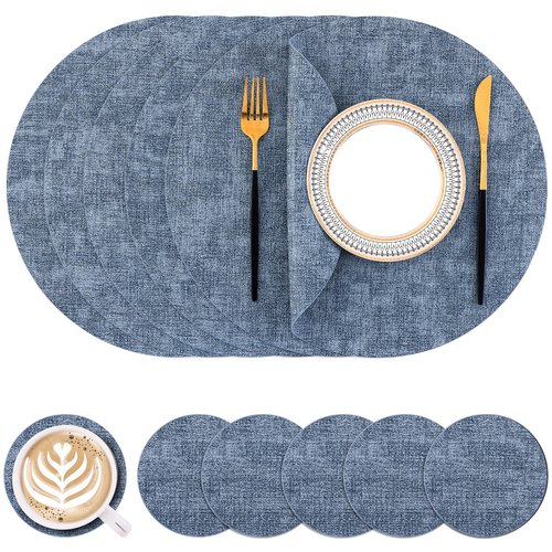 Homaxy Round Faux Leather Placemats and Coasters, Washable Dual-Side Table Mats, Wipeable Heat-Resistant Dining Place Mats for Outdoor and Indoor, Set of 6, Diameter 13 and 3.93 inch, Blue