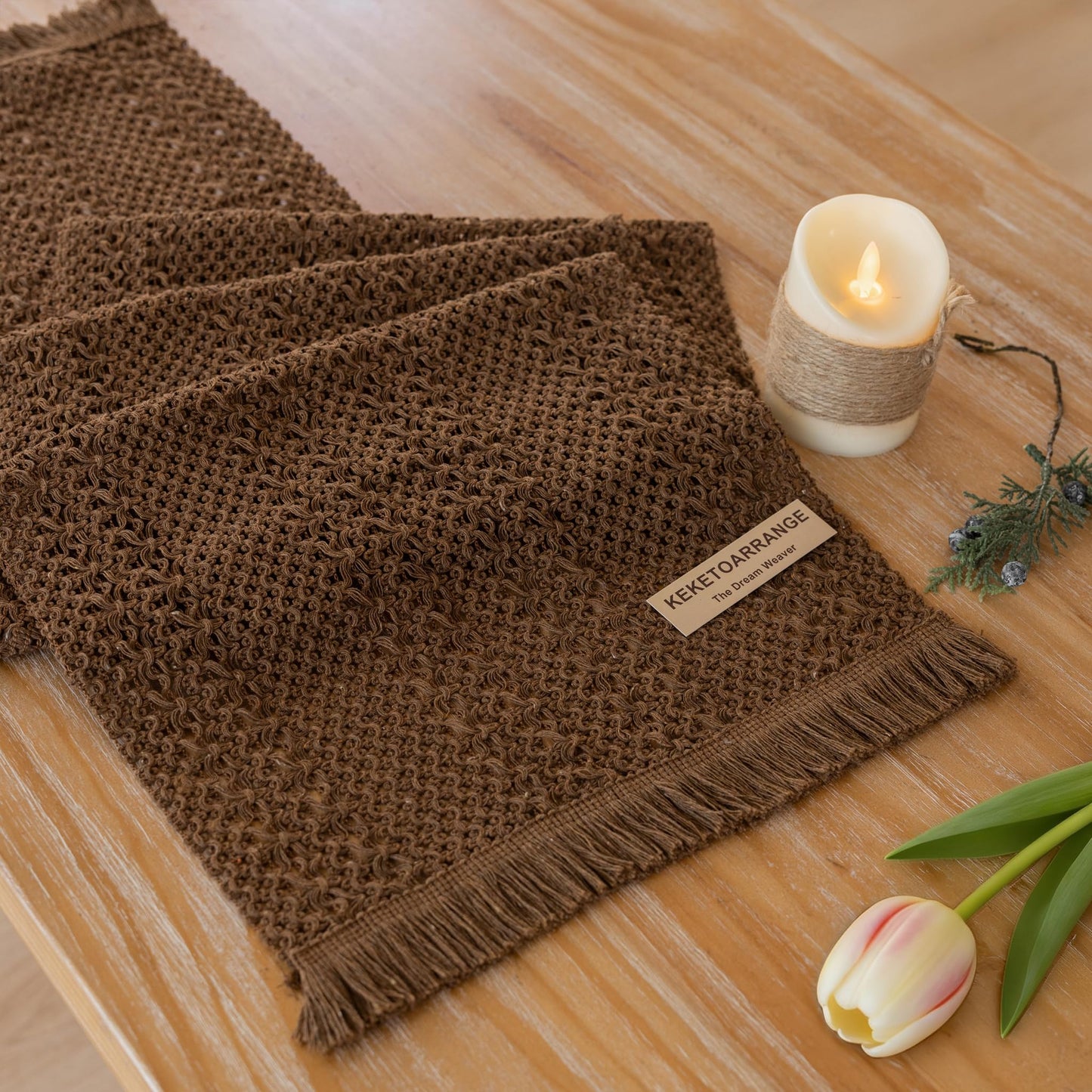 Keketoarrange Boho Brown Table Runner for Home Decor 13x72 Inches Farmhouse Small Macrame Woven Burlap Jute Rustic Coffee Table Runner Dresser Scarf Dining Kitchen Centerpiece Bohemian Decor