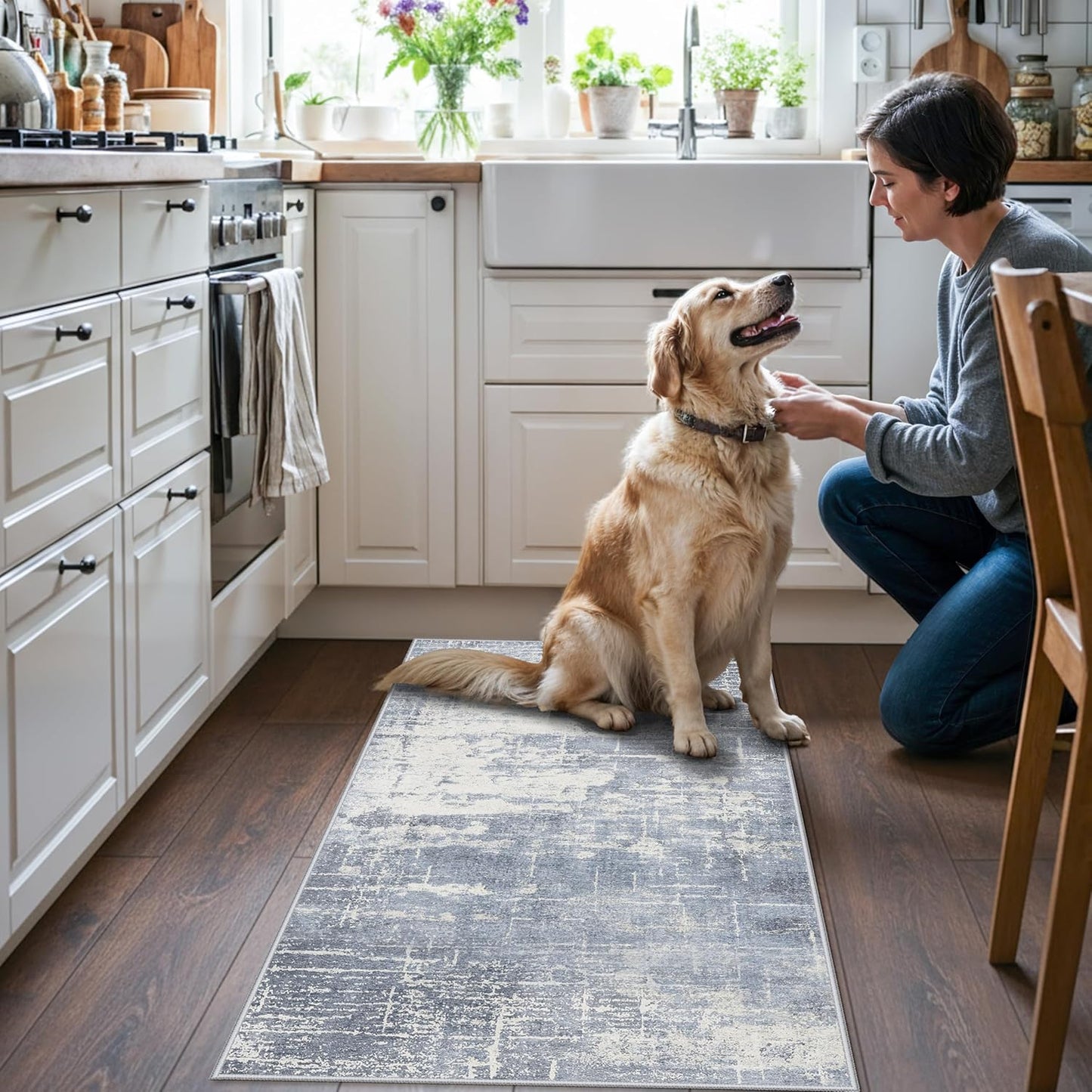 Skiennix Washable Kitchen Area Rug - Abstract Stain-Resistant Design | Non-Slip, Ultra Soft, 2x4 ft, Blue/Ivory