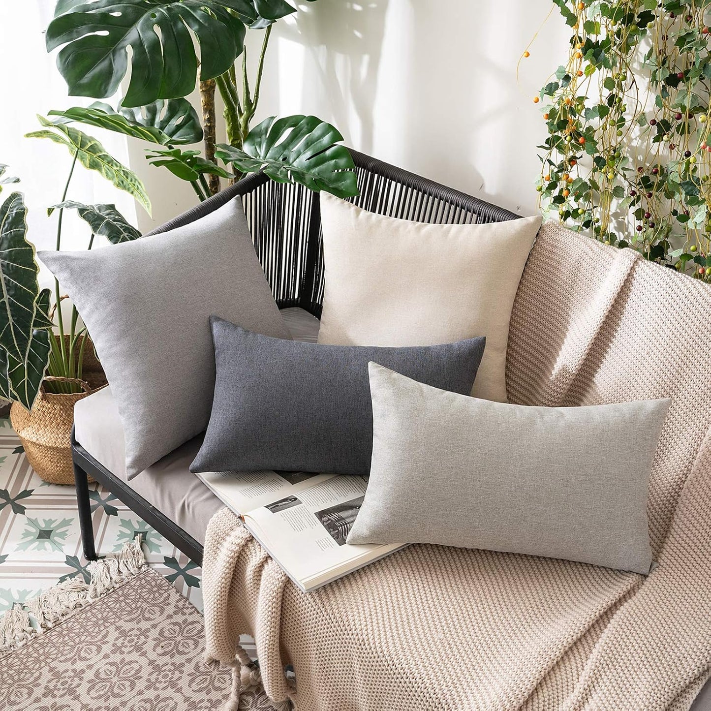MIULEE Decorative Outdoor Throw Pillow Covers - Waterproof Faux Linen Cushion Cases | 24x24 Inch Beige (Set of 2)