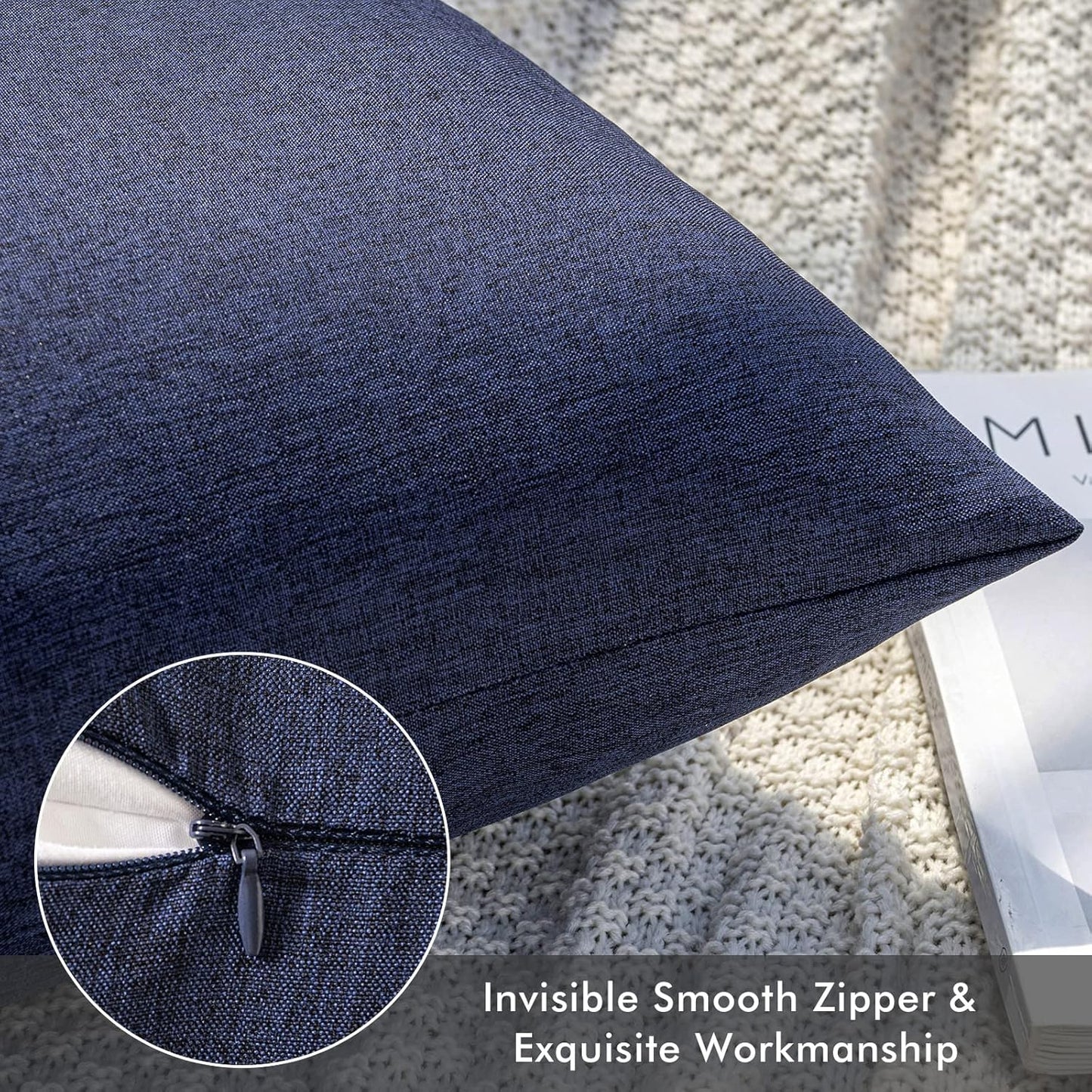 MIULEE Decorative Outdoor Throw Pillow Covers - Waterproof Faux Linen Cushion Cases | 18x18 Inch Navy (Pack of 2)