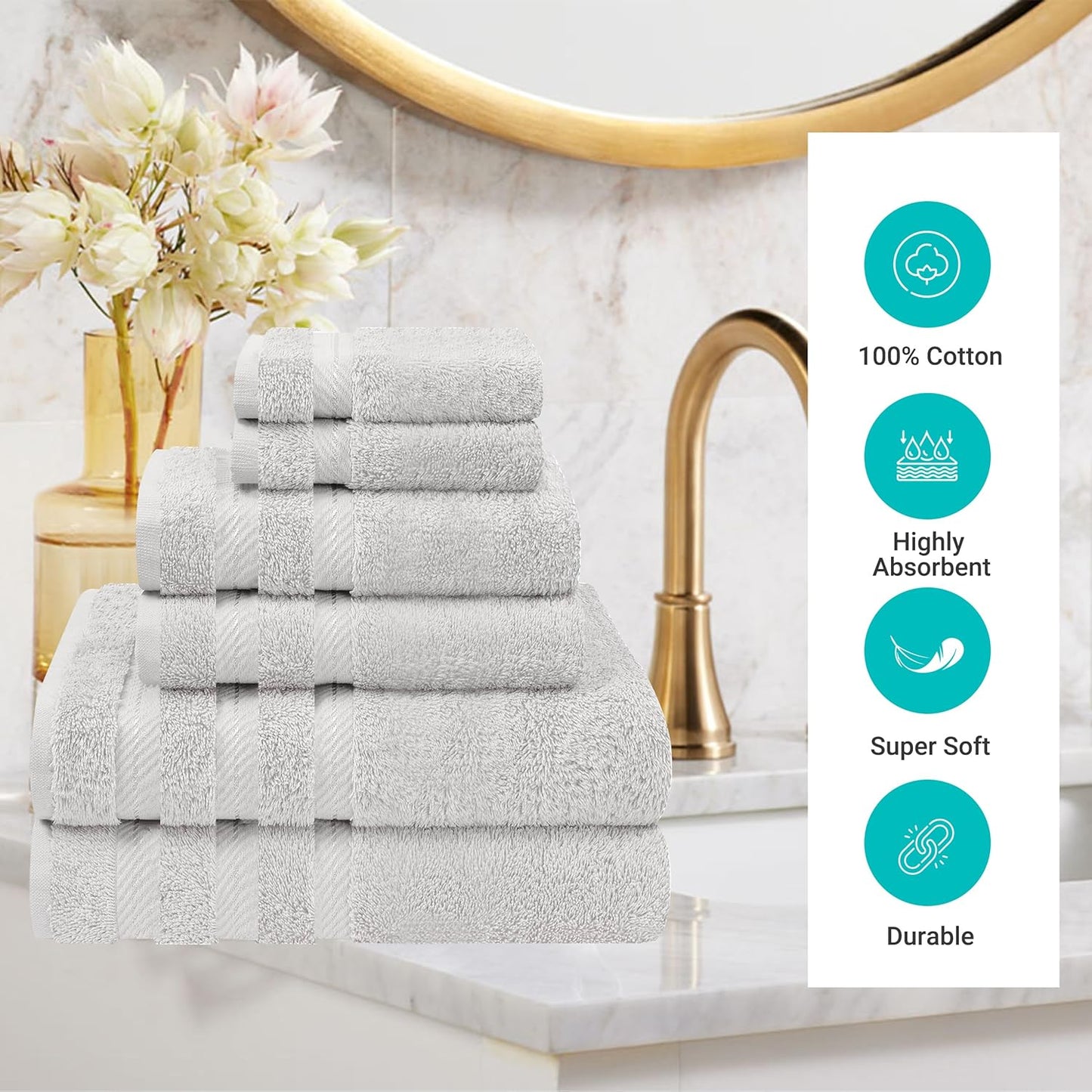Skiennix Luxury 6-Piece Turkish Cotton Towel Set - Soft & Absorbent 600 GSM | Silver Grey Bath Towels for Home