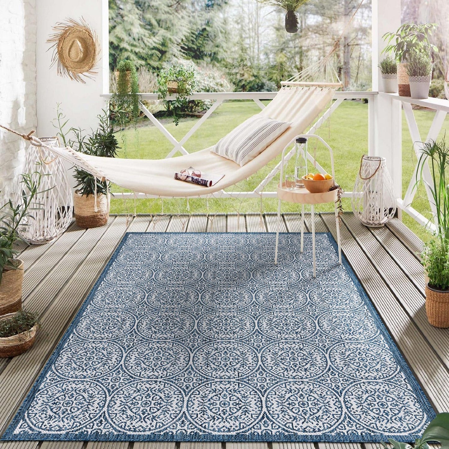 Rugshop Capri Transitional Floral Circles Textured Flat Weave Easy Cleaning Outdoor Rugs for Deck,Patio,Backyard Indoor/Outdoor Area Rug 5' x 7' Navy