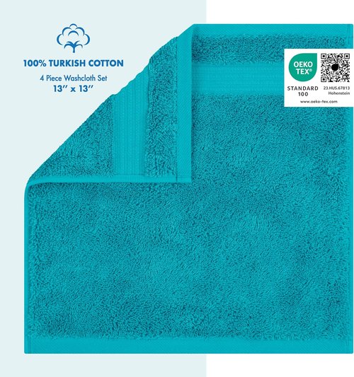 Cotton Paradise 100% Cotton Turkish Washcloth Set - 4 Soft Absorbent Aqua Blue Towels