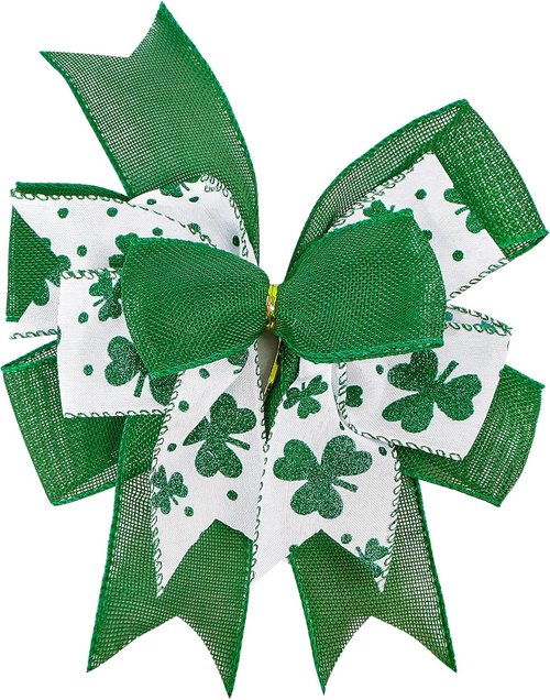 Clover Patrick's Day Wreath Bow - Green Shamrock DIY Craft Ribbon Ornament | 9.5 x 13 Inch