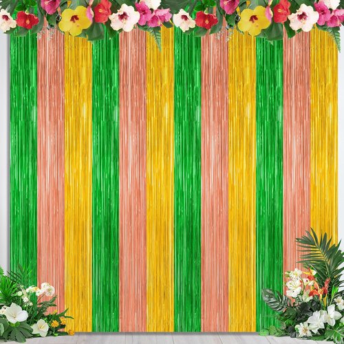 Hawaiian Party Decorations - 4 Pack Tinsel Backdrop | 3.28 FT x 7.05 FT Green, Brown, Yellow Foil Curtains