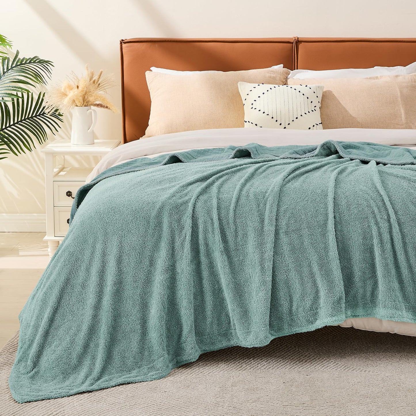 EMME Muslin Cotton Fleece Queen Blanket Reversible - 80"*90" Teal Soft Warm Throw Blankets for Couch Bed Picnic Travel Bed