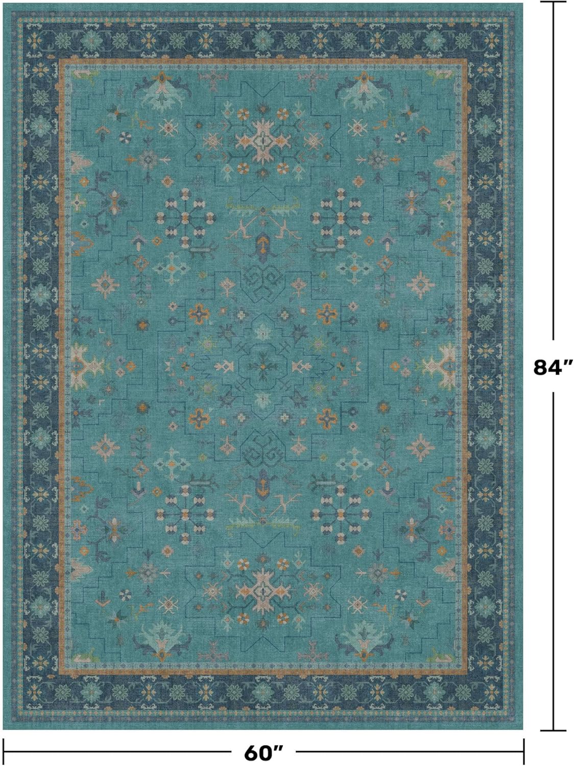 Skiennix 5x7 Teal Rug - Boho Turquoise Low-Pile Carpet for Living Room & Bedroom | Washable Non-Slip Design