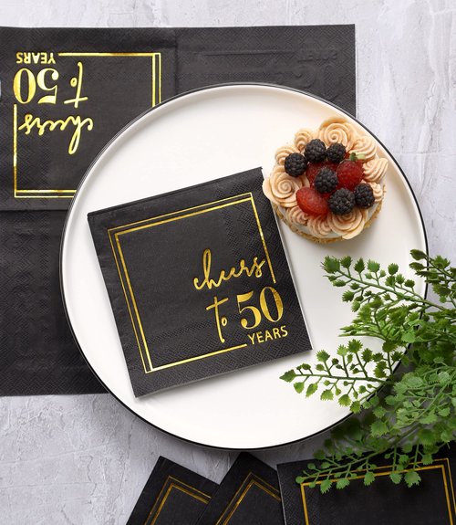 Cheers to Years Cocktail Napkins - 50 PK - 3-Ply Birthday Napkins 5x5 Inches Disposable Party Napkins Beverage Paper Napkins or Birthday Decorations Wedding Anniversary Black and Gold (50 Years)