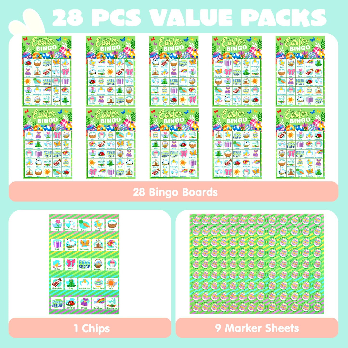 JOYIN 28 Players Easter Bingo Cards (5x5) for Easter Party Goodies Games, Kids School Classroom Gift, Indoor Family Activities, Basket Filler Stuffers