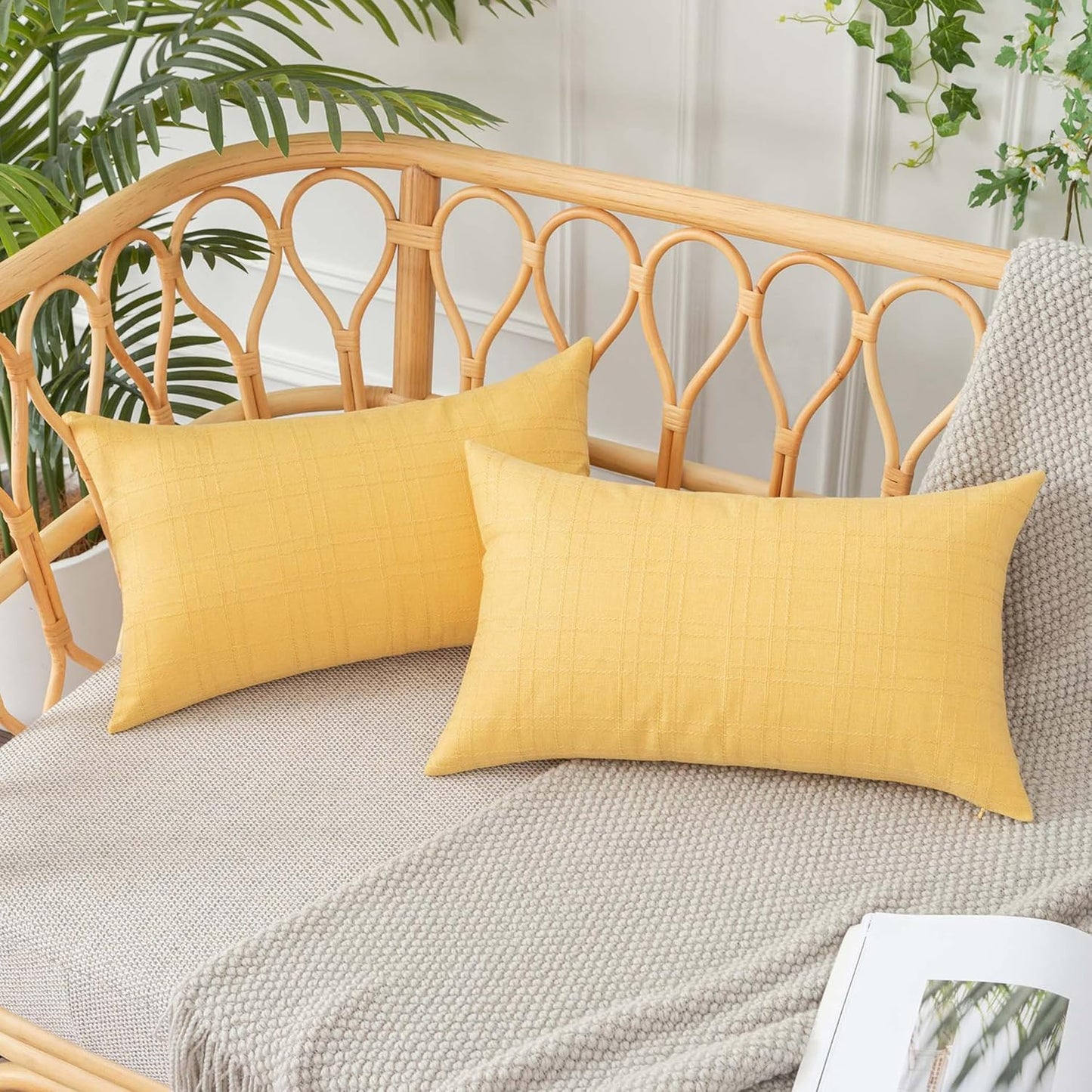 UGASA Outdoor Throw Pillow Covers - Waterproof Plaid Texture | Decorative Lumbar Cushions, 12x20 Inch, Yellow (Pack of 2)