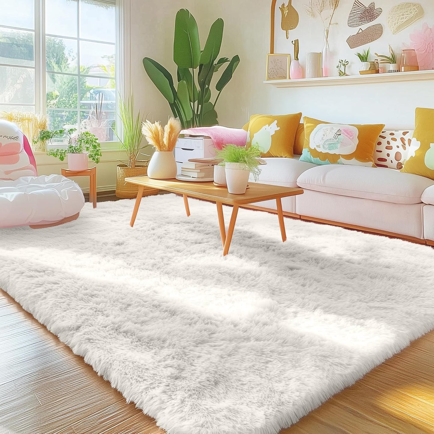 OLANLY Area Rug - Soft Fluffy Shaggy Design for Living Room & Bedroom | Machine Washable Ivory 4x7 ft