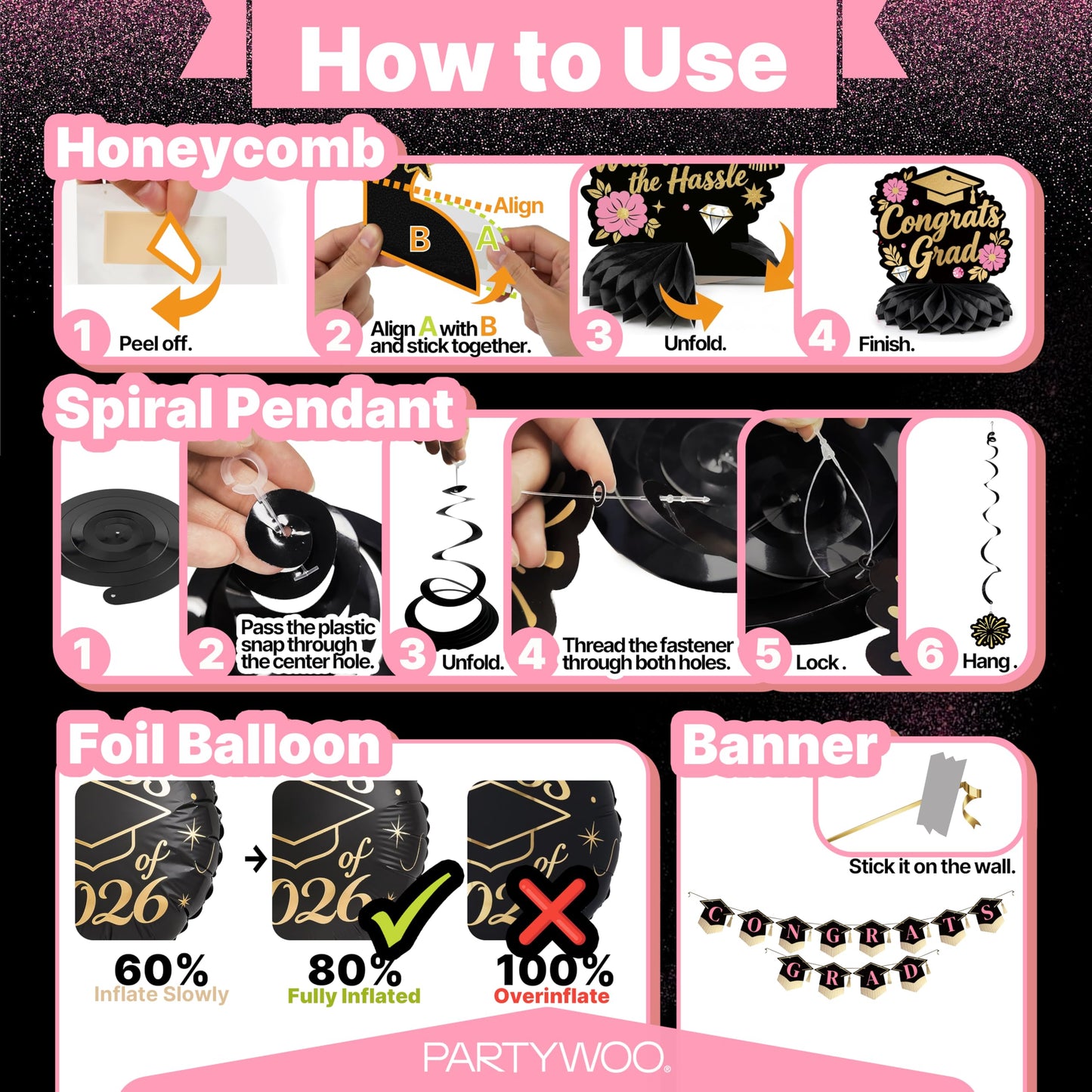 PartyWoo Graduation Decorations Class of 2026 Black Gold Pink 19pcs Grad Party Supplies with Congrats 2026 Grad Banner Hanging Swirls Foil Balloons Graduation Cap Centerpieces Party Decorations
