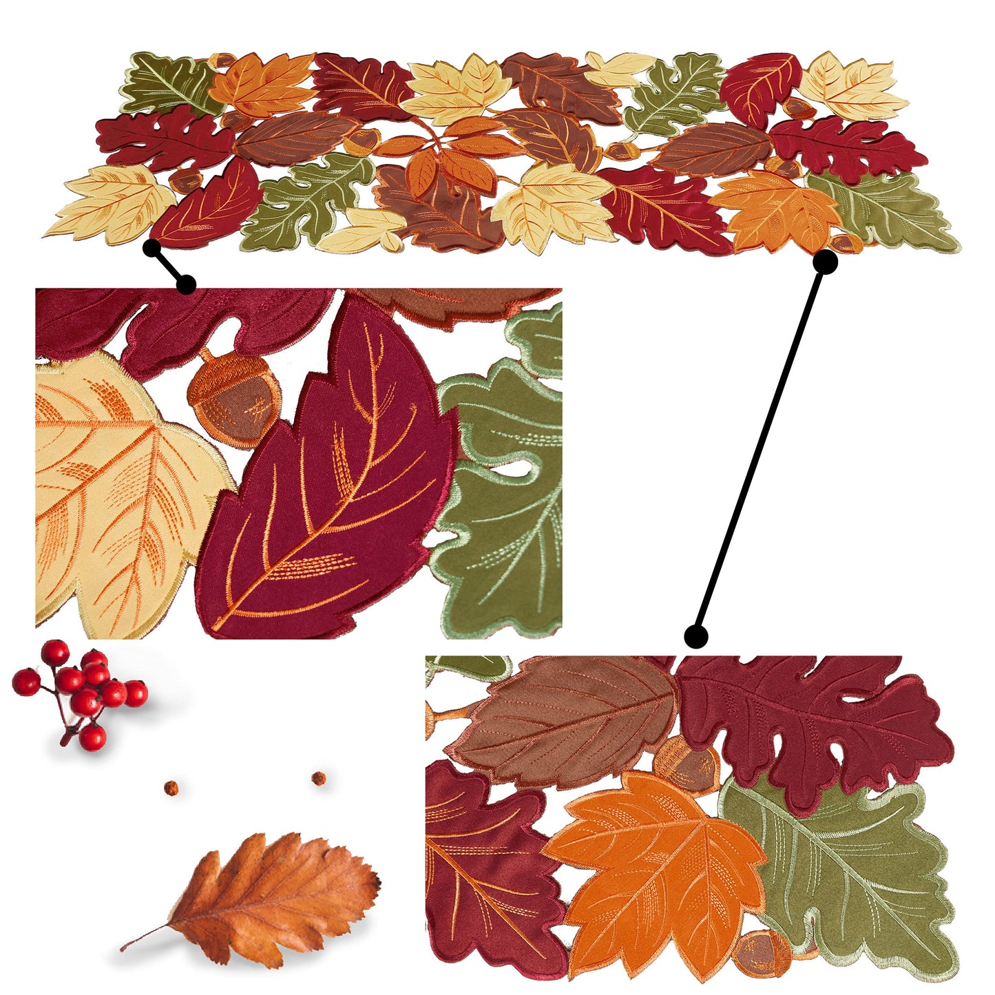 OWENIE Fall Table Runner - Thanksgiving, Farmhouse Embroidered Maple Leaves, 13 x 54 Inch, Orange
