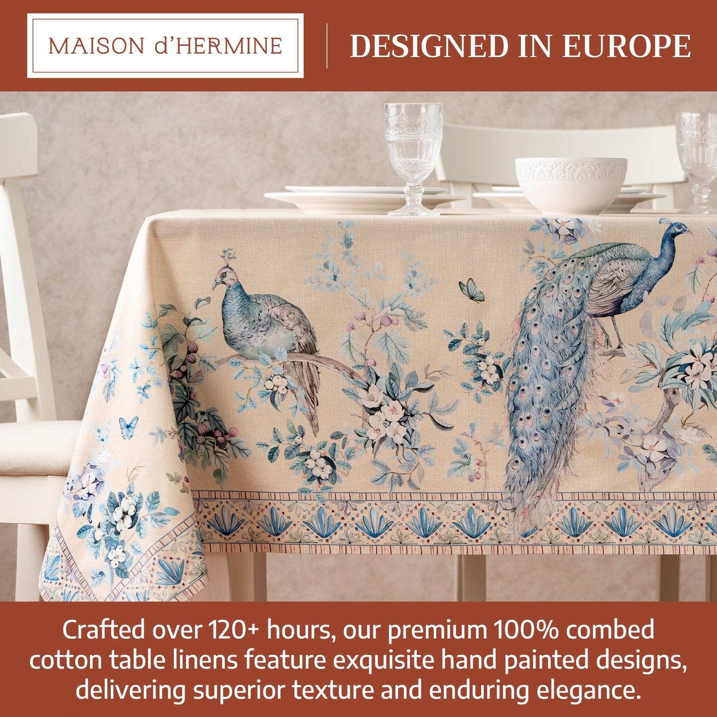 Maison d' Hermine Premium Table Cloth Rectangle Table 100% Combed Cotton 90 x 70 Inches Tablecloth Reusable Decorative for Dining Room Farmhouse Party Festive Wedding - Peacock Utopia - Sandy Beach