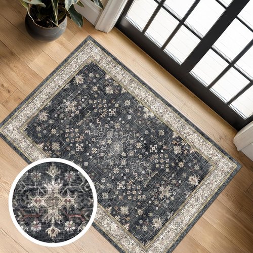 Black Washable Entry Rug by [Brand Name] - Non-Slip Rubber Backing, Stain & Fade Resistant | 2x3 Size for Kitchen, Bathroom & Entryway