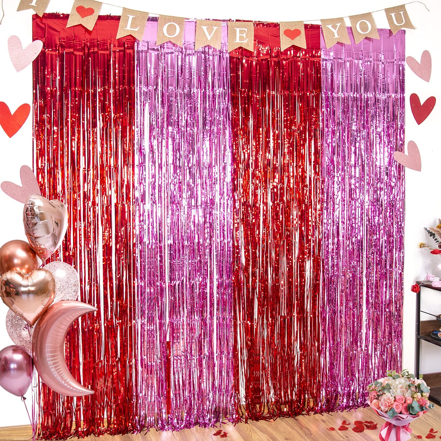 LOLStar 3 Pack Valentines Foil Fringe Curtains Valentine's Day Party Decorations 3.3X6.6 ft Red Pink Tinsel Metallic Photo Booth Props Backdrop Streamers for Valentine's Day Decor Birthday Wedding