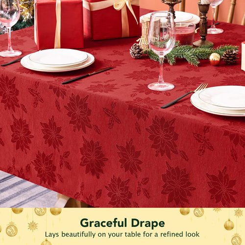 Biscaynebay Christmas Red Tablecloth Rectangle Tables 60x102 Inch-Fabric Xmas Holiday Winter Table Cloth-Jacquard Damask Poinsettia Modern Table Cover for 6 ft Kitchen Dinner Banquet Outdoor Parties