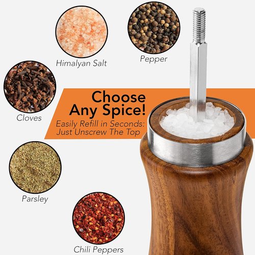 Gennua Wooden Salt and Pepper Grinder Set - Refillable Acacia Mills with Adjustable Coarseness | 8 Inches Each
