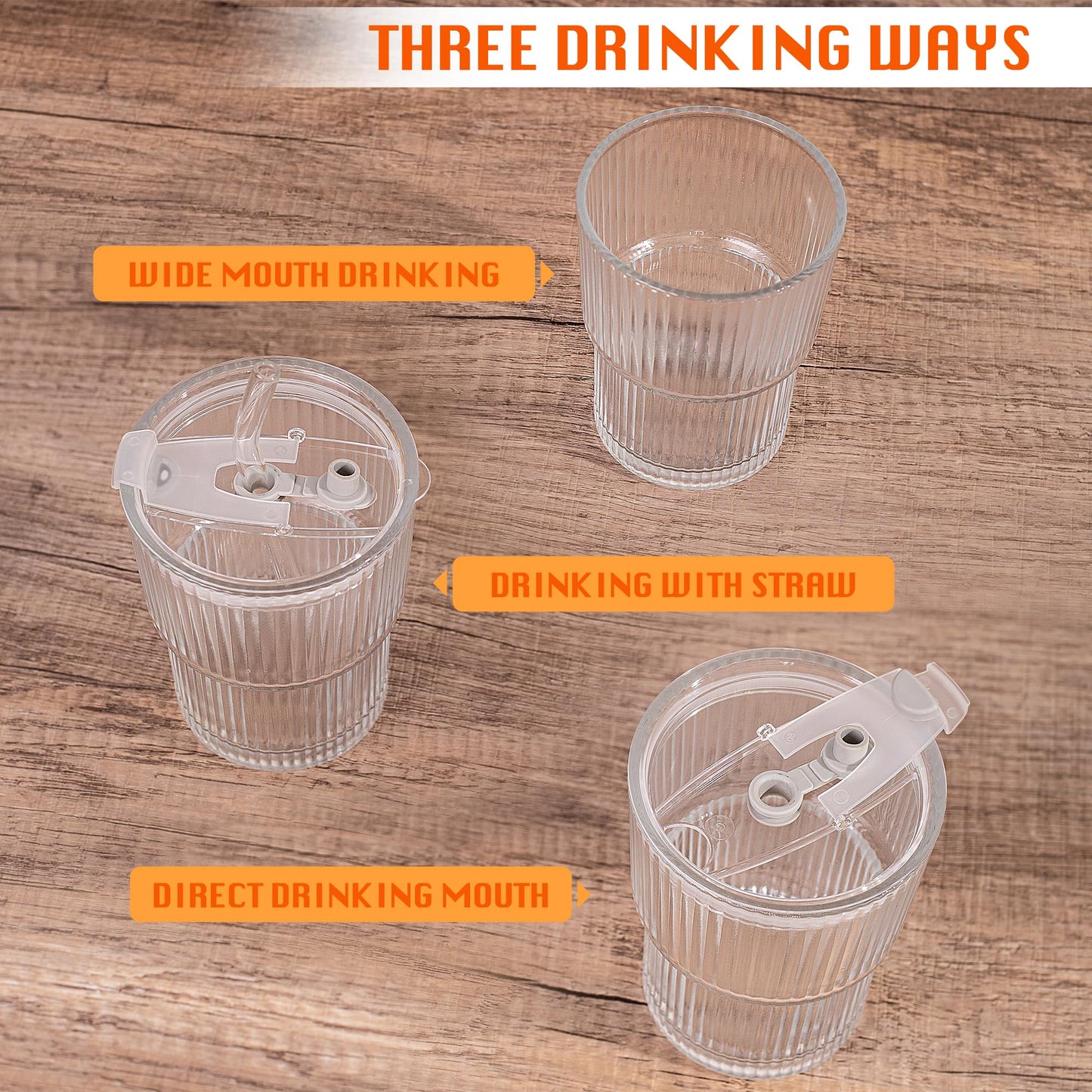 ALYBIT 13oz/400ML Glass Tumbler with Straw and Lid Ribbed Vertical Ice Coffee Cups Sealed Carry on for Coffee Iced Tea, Thick Wall Glassware Tumbler Water Glass (Clear 1pc)