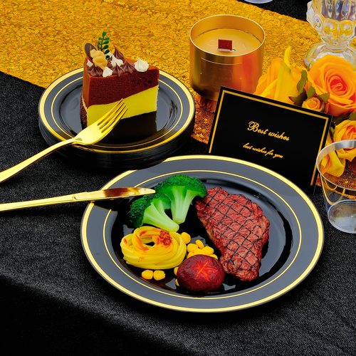 ISFANGCO 350pcs Black and Gold Dinnerware Set for 50 Guests, Graduation Plates, Black Plastic Plates with Gold Rim for Party -50 Dinne/Dessert Plates, 150 Silverware Set,50 Napkins and Cups
