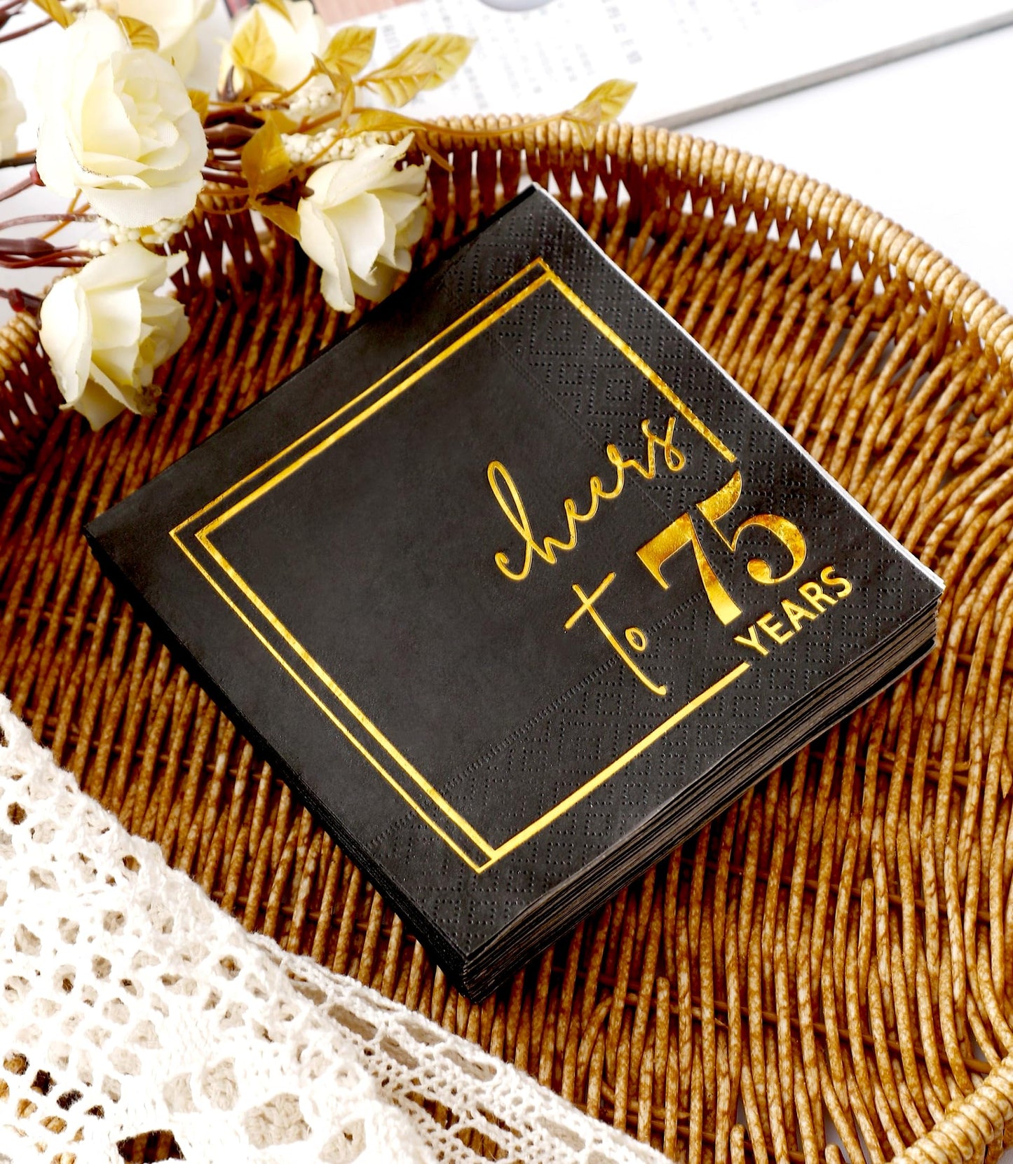 Cheers to Years Cocktail Napkins - 50 PK - 3-Ply Birthday Napkins 5x5 Inches Disposable Party Napkins Beverage Paper Napkins or Birthday Decorations Wedding Anniversary Black and Gold (75 Years)