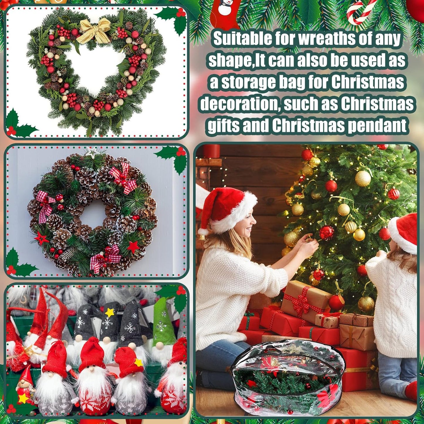 Shappy Christmas Wreath Storage Bag - 24 Inch Clear Container with Dual Zippers & Reinforced Handles | Black