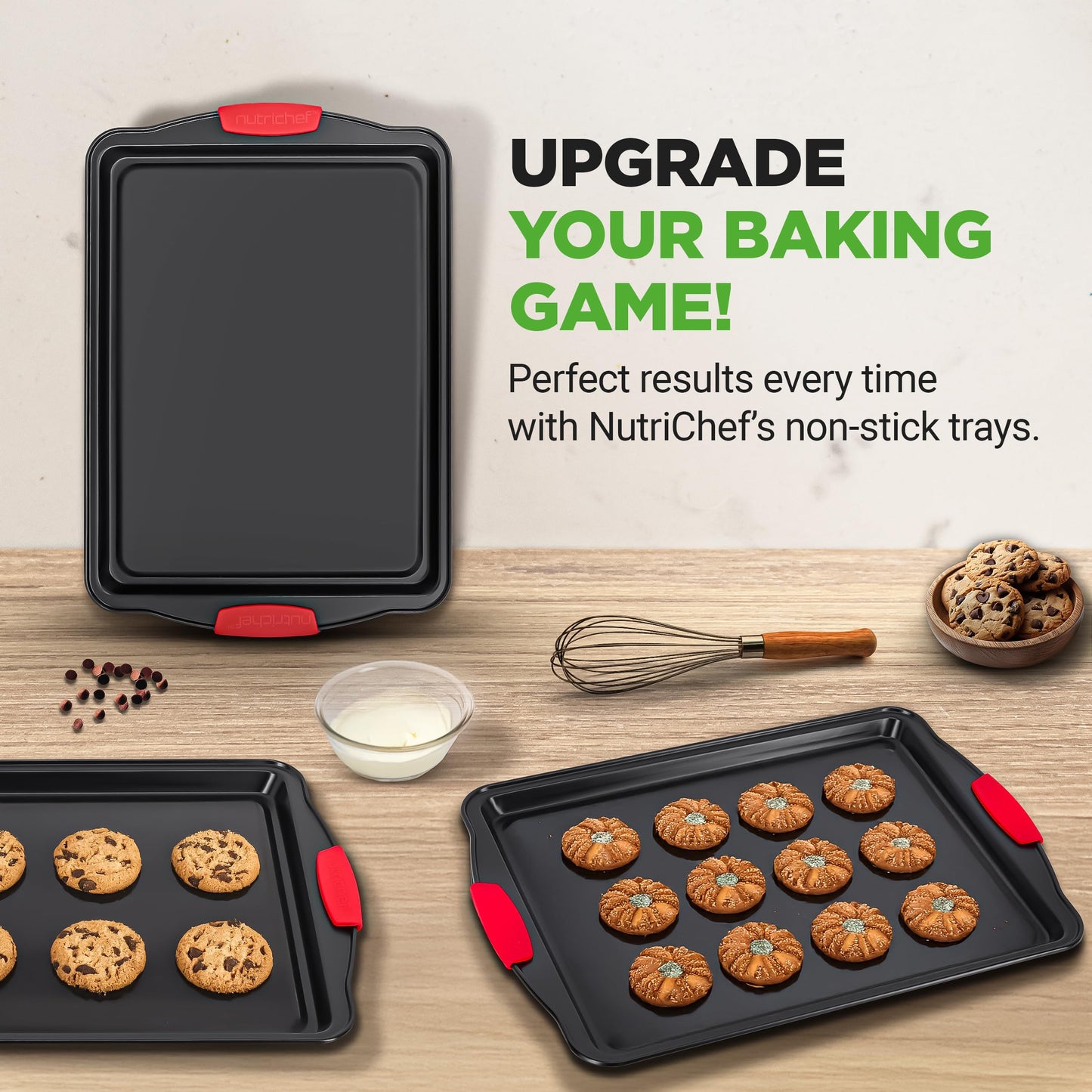 NutriChef 3-Piece Large Nonstick Cookie Sheets for Baking | Premium Food-Grade Carbon Steel, Non-Stick Tray Set with Silicone Handles, Oven Safe up to 446°F | Easy to Clean, 17.2 x 11.8 x 0.7 Inch