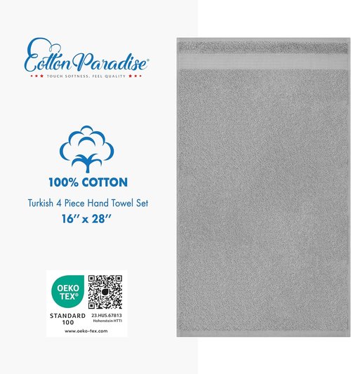 Cotton Paradise Hand Towels - 100% Turkish Cotton, Soft & Absorbent | 4-Piece Light Gray Set