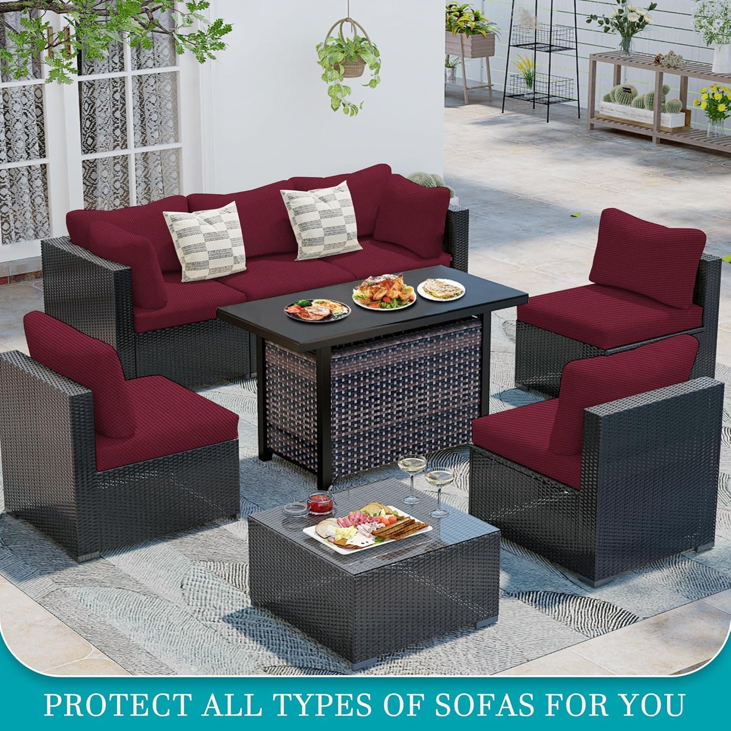 Skiennix 12-Pcs Stretch Patio Cushion Covers - Washable & Reusable Furniture Protectors | Wine Red