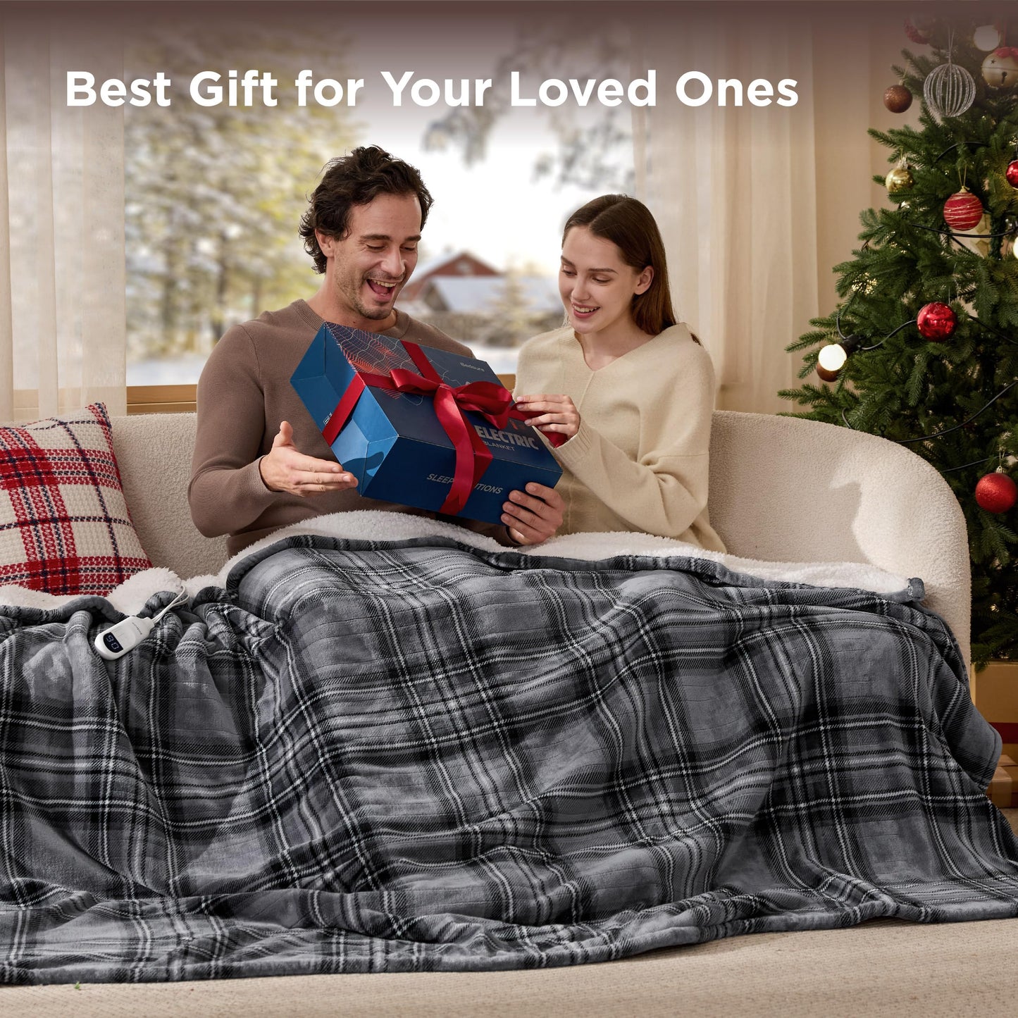 Bedsure Plaid Heated Throw Blanket - Flannel Sherpa Electric Blanket with Plaid Pattern, Heating with 6 Heating Levels, 4 Time Settings, 3-Hour Auto-Off, Warm Gifts for Grandma (Grey, 50"x60")
