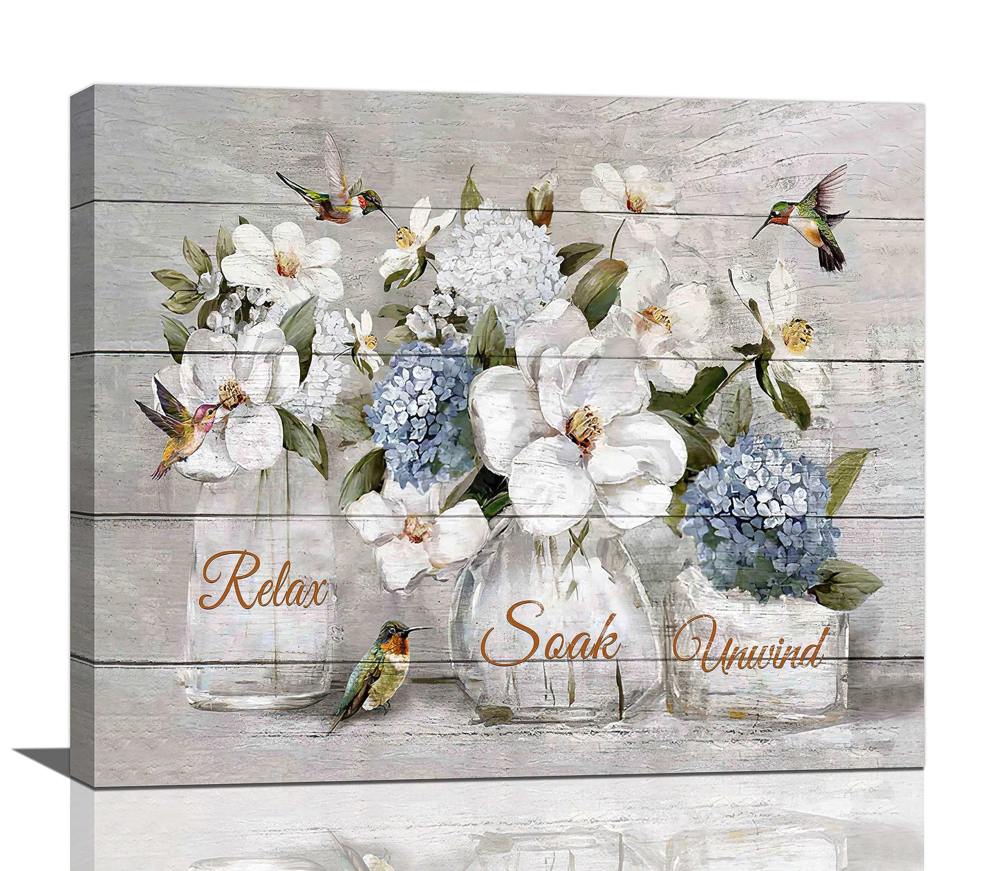 Farmhouse Flower Bathroom Decor Wall Art Rustic Hummingbird White Floral Pictures Wall Decor Relax Soak Unwind Bathroom Sign Canvas Painting Prints Artwork Home Decorations Framed for Bedroom 24"x20"