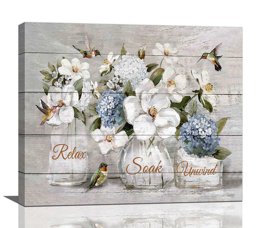 Farmhouse Flower Bathroom Decor Wall Art Rustic Hummingbird White Floral Pictures Wall Decor Relax Soak Unwind Bathroom Sign Canvas Painting Prints Artwork Home Decorations Framed for Bedroom 24"x20"