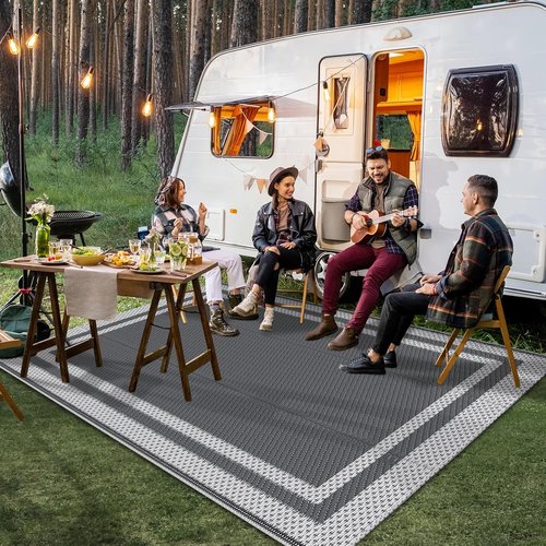 HappyTrends Outdoor Rug - Reversible Portable Plastic Straw Rug for Camping & Patio | Large 4'x6' White & Gray