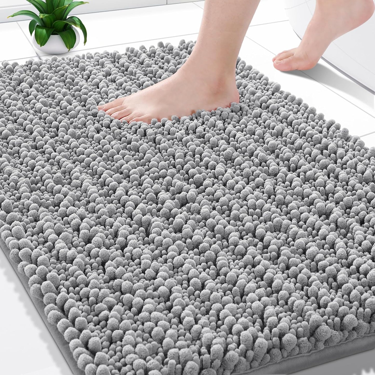 Yimobra Non-Slip Bathroom Rug - Ultra Soft Chenille Bath Mat, Quick Dry Shaggy Carpet, Gray | 24x17 Inch