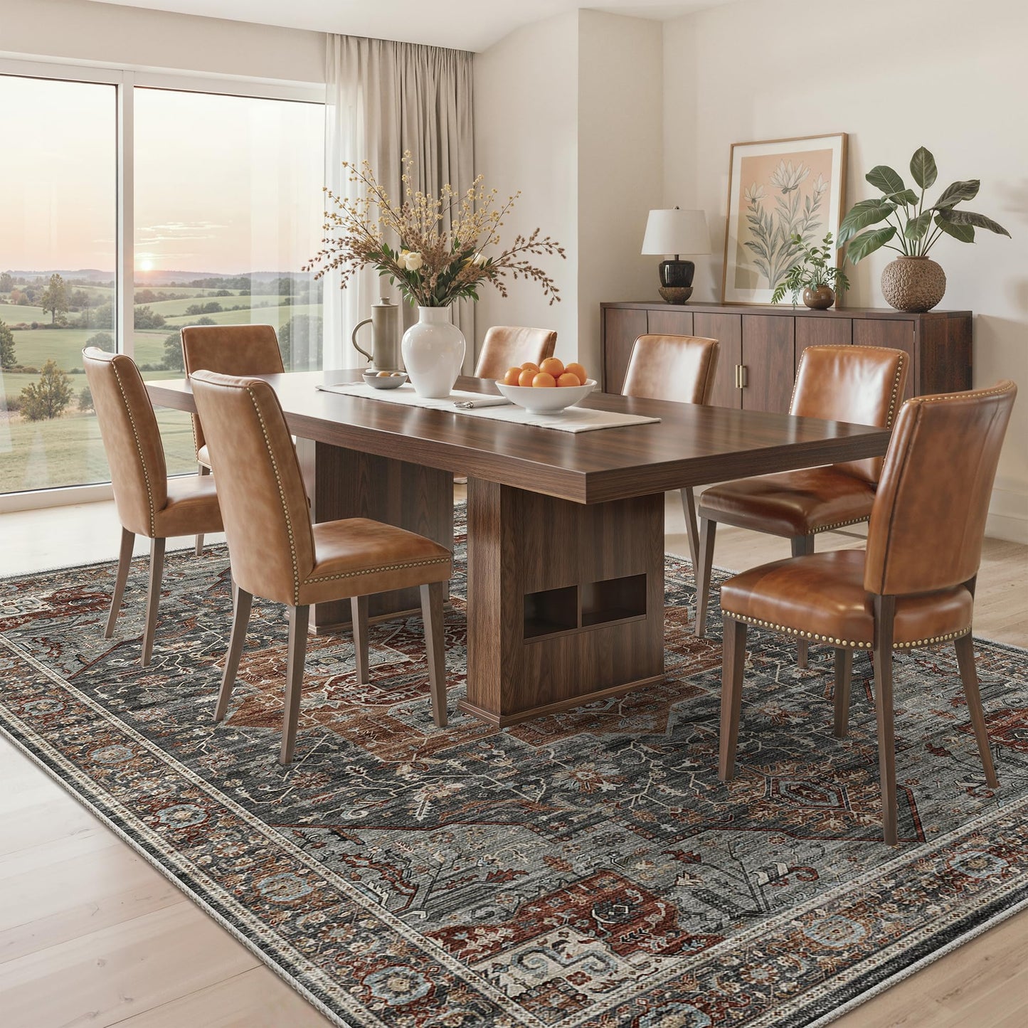 Roxstand 5x7 Area Rugs, Stain Resistant Machine Washable Area Rugs with Non-Slip Backing, Vintage Rugs for Bedroom, Living Room, Large Soft Low Pile Area Rug (Grey/Brown/Tan, 5'x7')