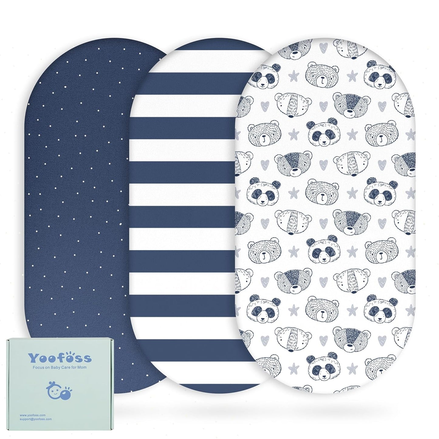 Yoofoss Bassinet Sheets - 3-Pack Fitted Set for Halo Bassinest & Baby Delight | Soft, Breathable Stripes & Panda