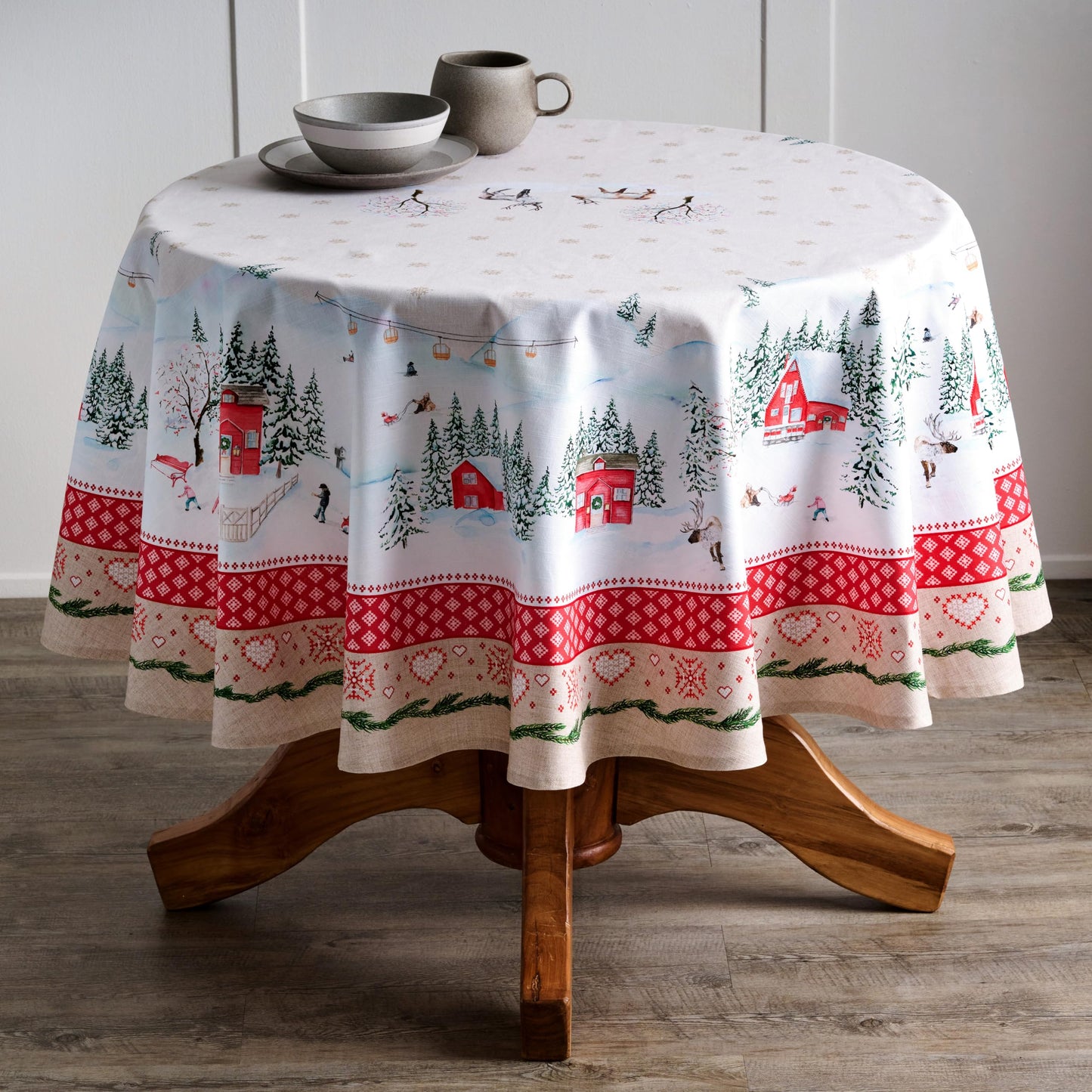 Maison d' Hermine Table Cloth Round Table 100% Cotton 63 Inches Fall Tablecloth Reusable Everyday Use for Thanksgiving Christmas Decorations Dining Farmhouse Party (Rural Christmas)