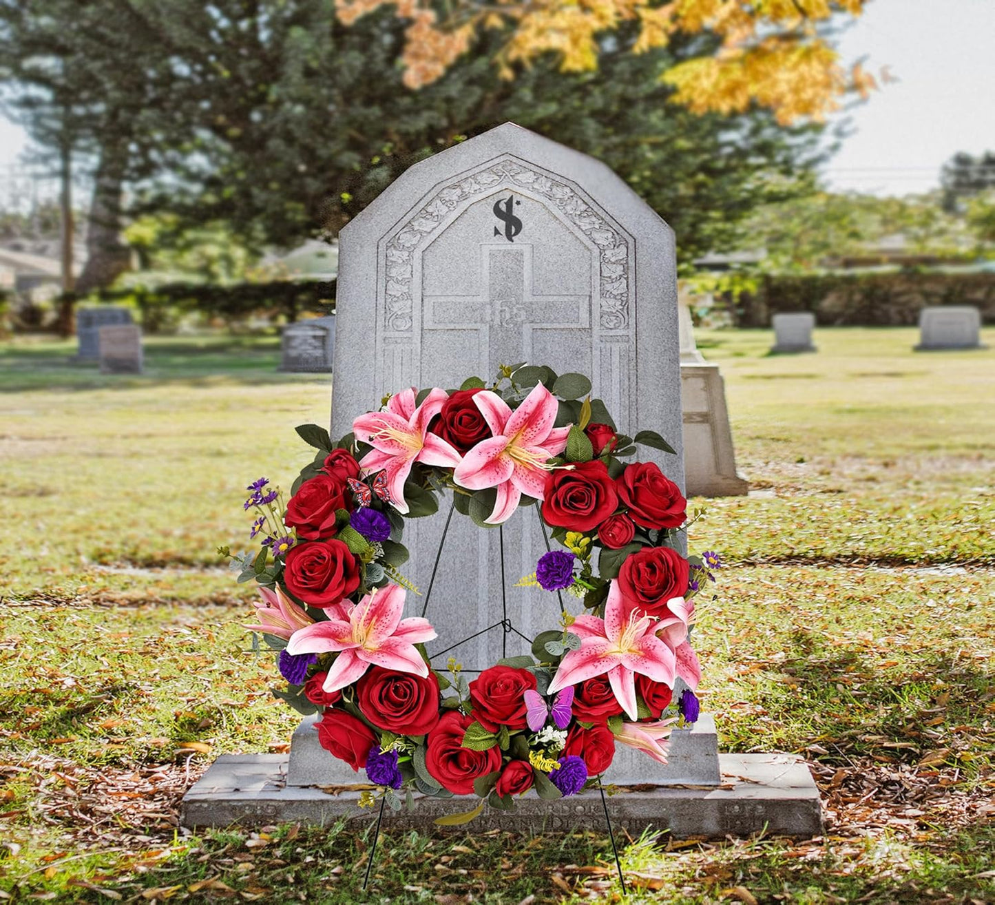 Regine Switzerland Cemetery Wreath - Handmade Floral Arrangement with 30-Inch Easel Stand | Red & Pink Roses, Lilies, Daisies, Carnations