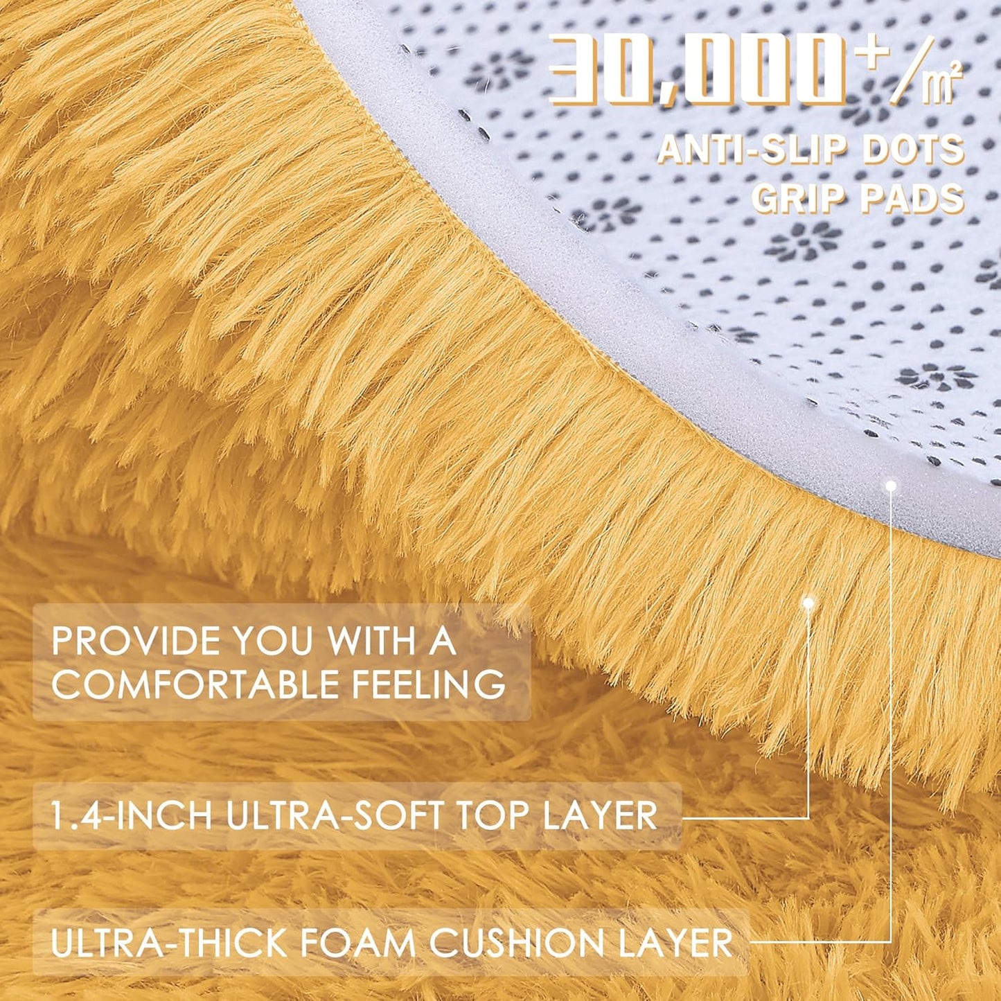OLANLY Mustard Yellow Round Rug - Soft, Fluffy Shaggy Carpet for Bedroom | 2 ft Circle Area Rug