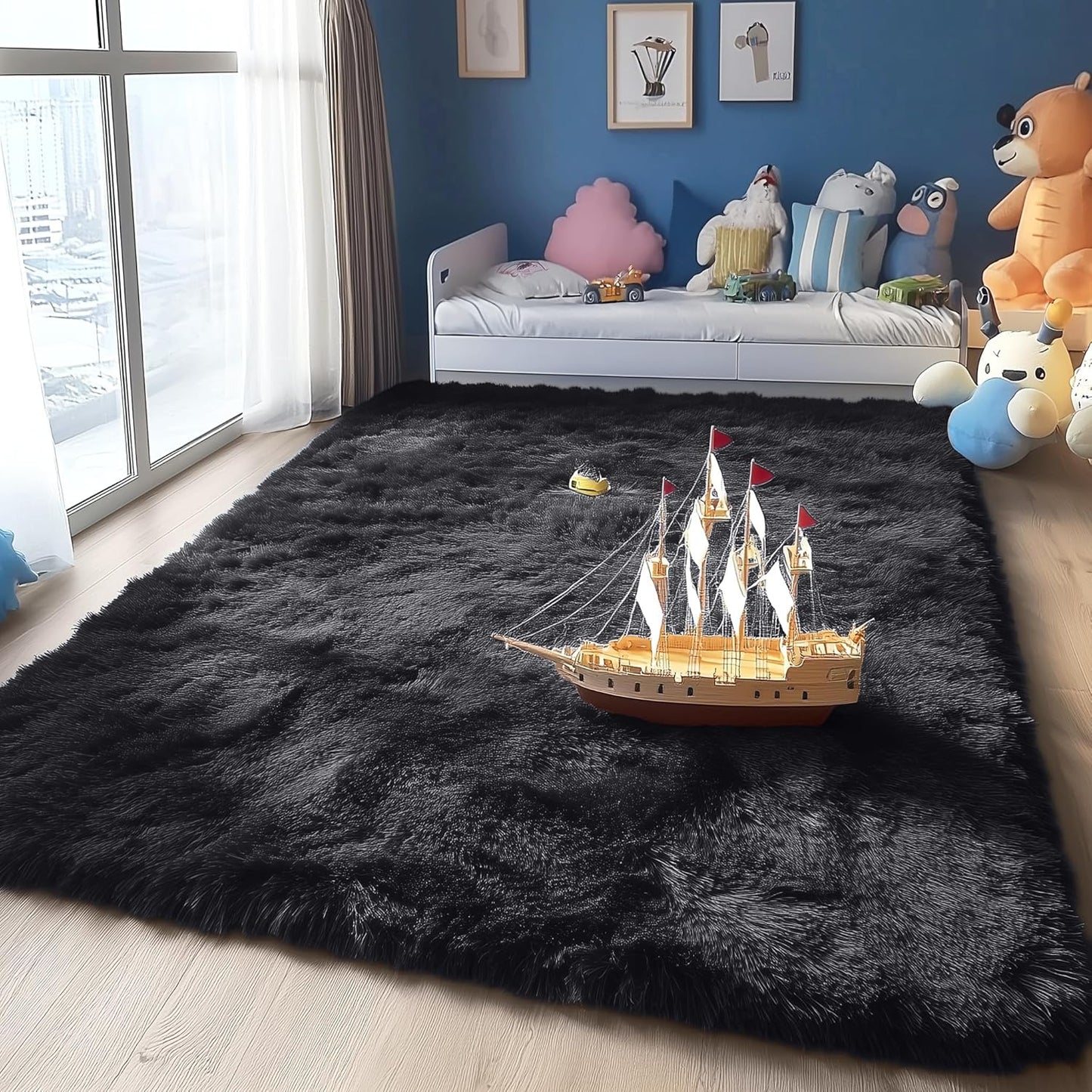 OLANLY Large Area Rug - Soft Fluffy Shaggy Carpet for Living Room & Bedroom | 5x12 ft, Black