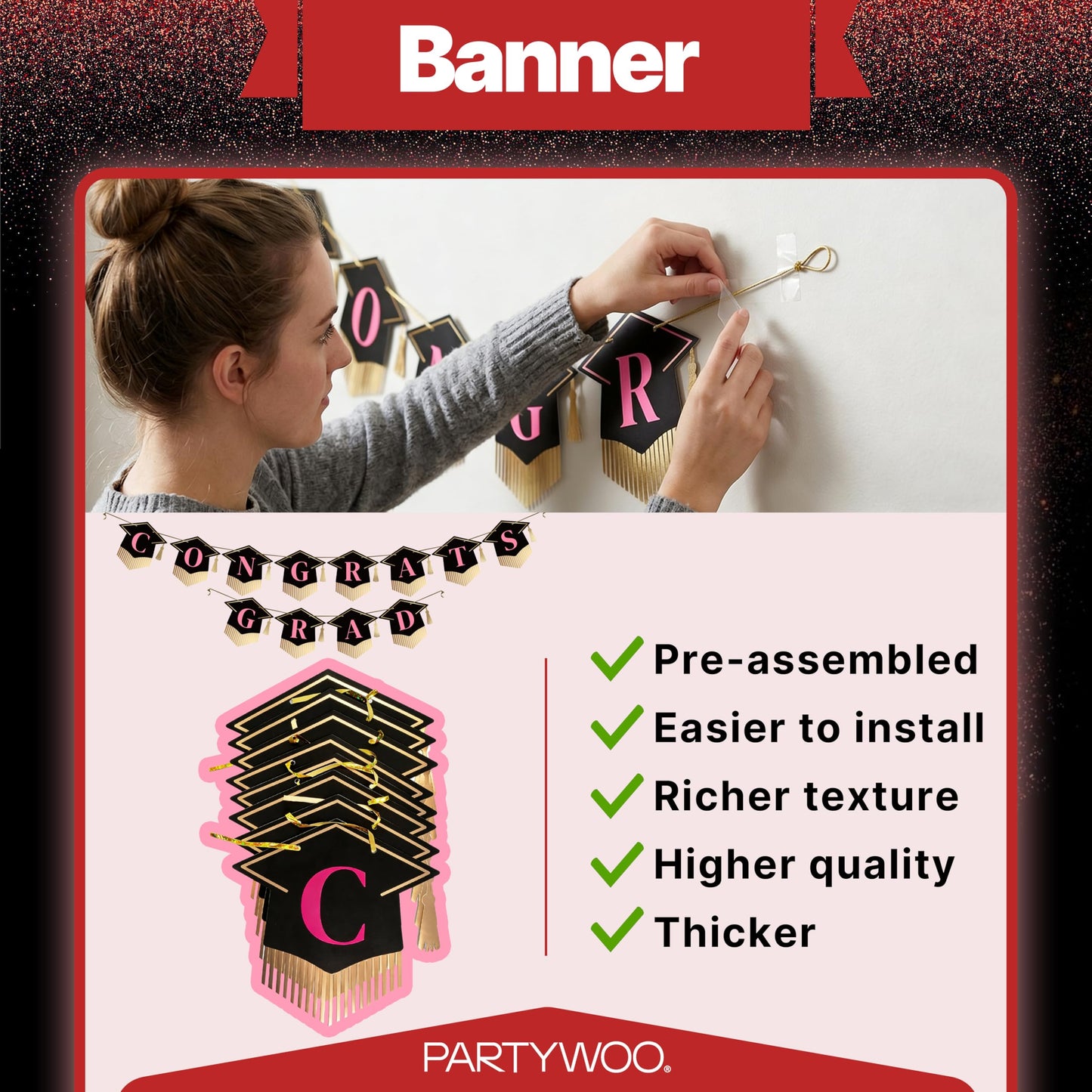 PartyWoo Graduation Decorations Class of 2026 Grad Party Supplies Set with Congrats Grad Red Black Pink Backdrop Banner Hanging Swirls Foil Latex Balloons Graduation Cap Centerpieces Party 40pcs