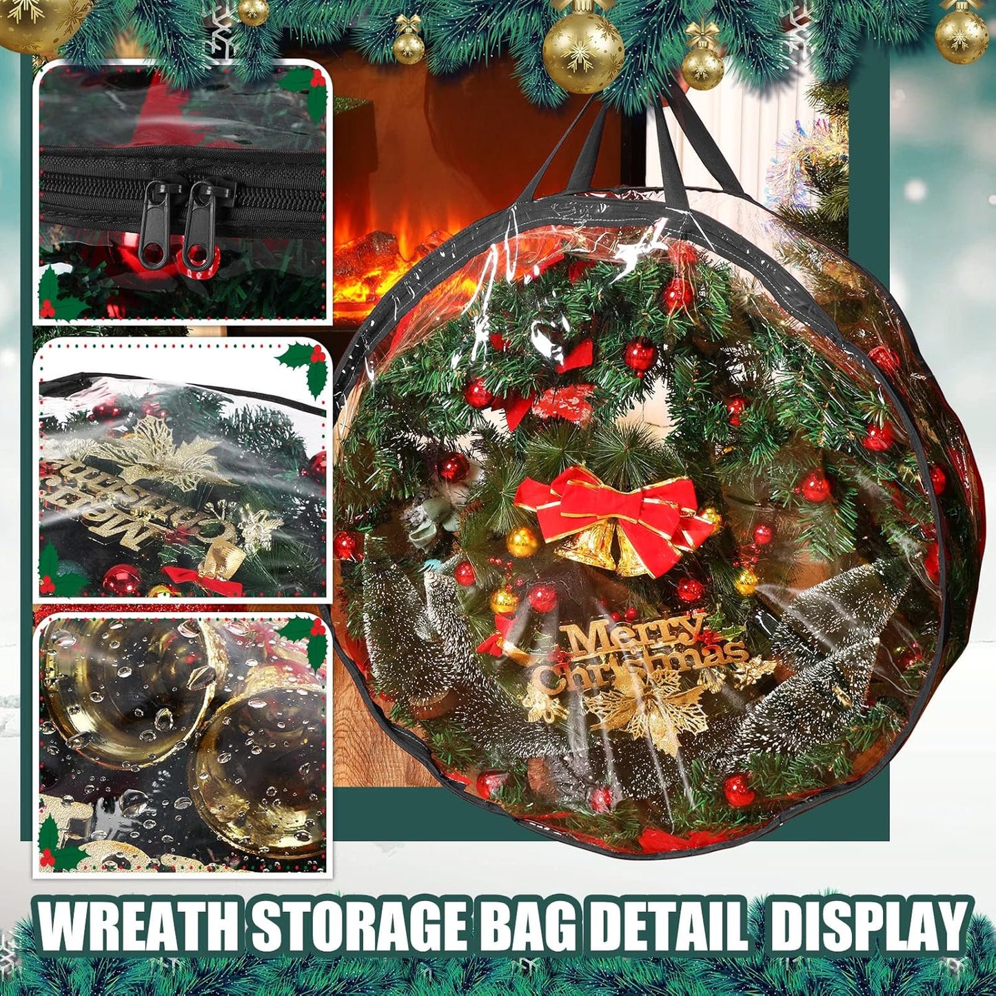 Shappy Christmas Wreath Storage Bag - 24 Inch Clear Container with Dual Zippers & Reinforced Handles | Black