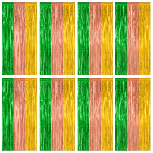 8 Pack Hawaiian Party Decorations, 3.28 FT x 7.05 FT Luau Party Decorations, Green Brown Yellow Backdrop Fringe Curtains Foil Streamer, Metallic Summer Decor Photo Booth Props